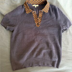 Madewell Blue Knit Polo with Orange Checkered Collar